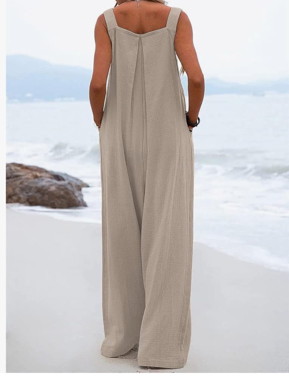 chouyatou Women's Casual Adjustable Strap Wide Leg Jumpsuit - Beige - Picture 2 of 4
